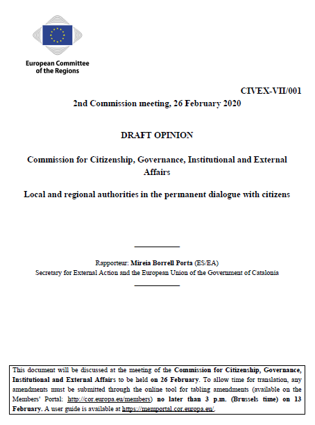 Cover of the draft opinion "Local and Regional Authorities in the permanent dialogue with citizens"
