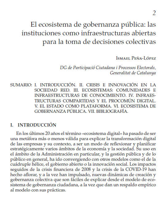 First page of the book chapter "El ecosistema de gobernanza pública: las instituciones como infraestructuras abiertas para la toma de decisiones colectivas"