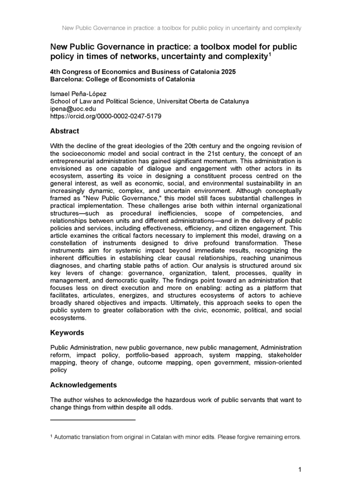 Cover page (title, abstract) of the communication New Public Governance in practice: a toolbox model for public policy in times of networks, uncertainty and complexity