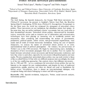 Cover of the paper Spanish Indignados and the evolution of the 15M movement on Twitter: towards networked para-institutions