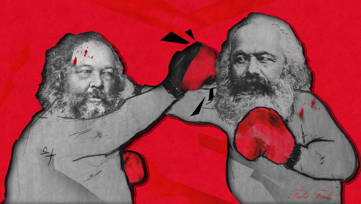 Caricatura de Marx y Bakunin en una pelea de boxeo
