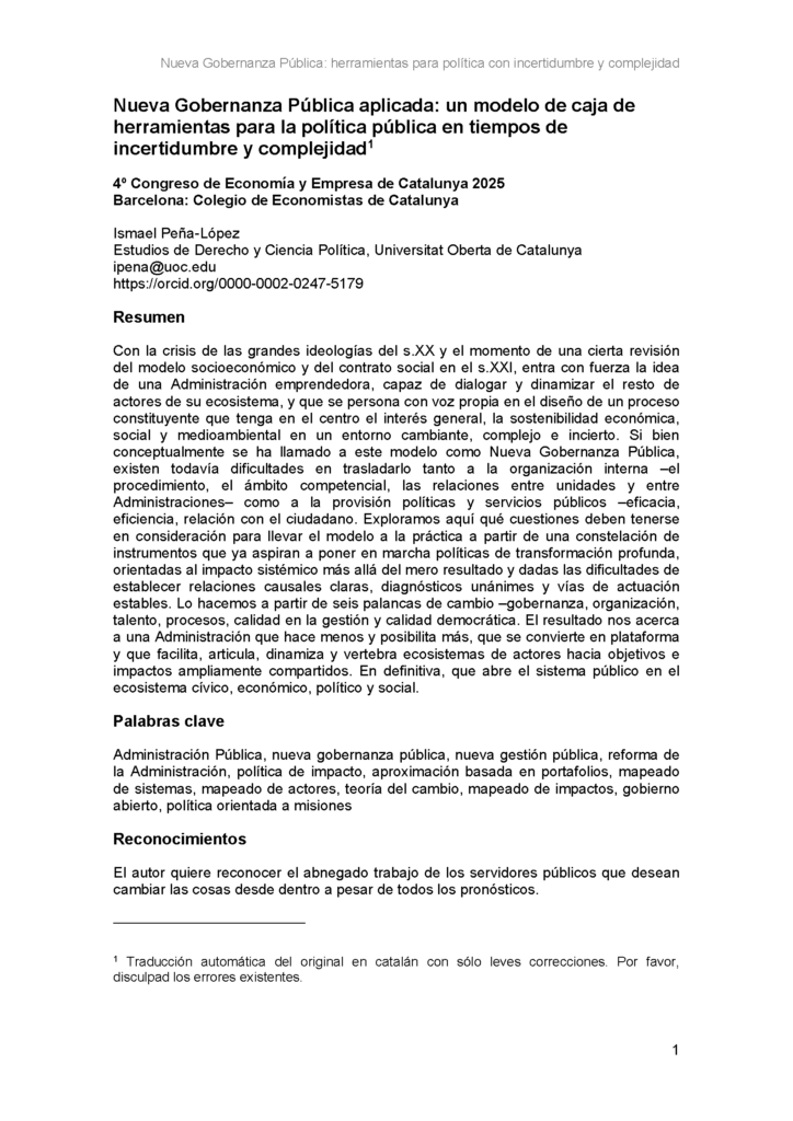 Primera página de la comunicación Nueva Gobernanza Pública aplicada: un modelo de caja de herramientas para la política pública en tiempos de incertidumbre y complejidad