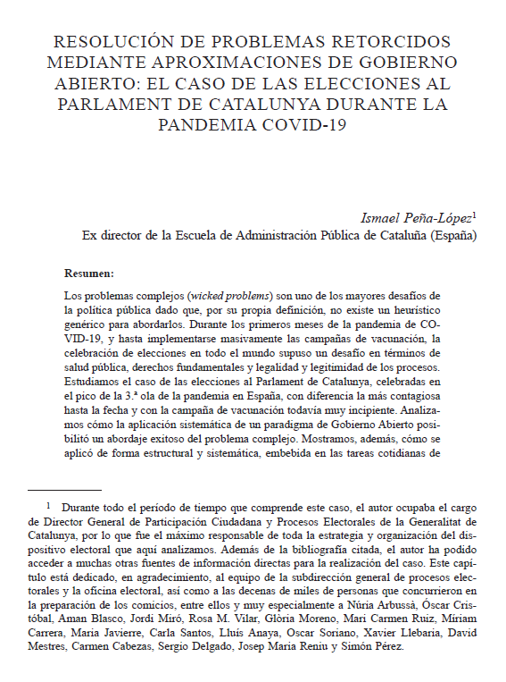 Captura de pantalla de la primera página del capítulo "Resolución de problemas retorcidos mediante aproximaciones de Gobierno Abierto. El caso de las Elecciones al Parlament de Catalunya durante la pandemia de COVID19"